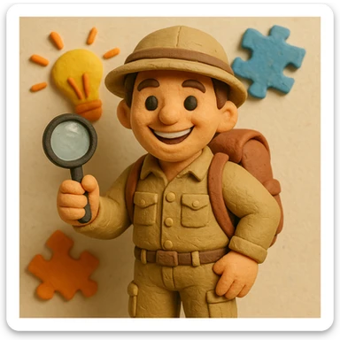 Create a realistic emoji character named Master Hunt. He is a young adult with short brown hair, wearing a casual explorer outfit that includes a button-up shirt and cargo pants. He has a backpack and a safari hat. In one hand, he holds a magnifying glass, and he has an enthusiastic smile on his face. The background should be light and vibrant, incorporating elements like light bulbs and puzzle pieces to symbolize creativity and a positive work culture. sticker