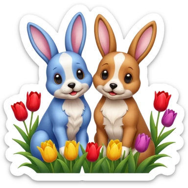 Dogs with bunnies and tulips sticker