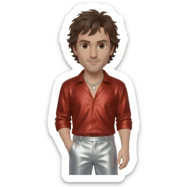 Johnny Knoxville with brown eyes, dark brown hair, red metallic shirt, white metallic baggy pants, silver necklace sticker