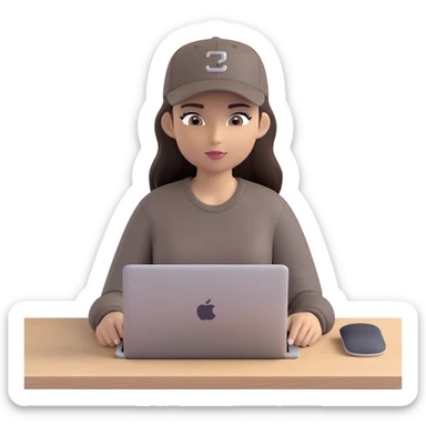 A professional 3D avatar of a young woman with olive skin and long, dark brown hair, wearing a dark, long-sleeved dark taupe shirt and a black baseball cap. She's sitting at a sleek wooden desk, typing on a silver MacBook. sticker