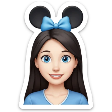 Blue eyes Dark straight long hair woman happy wearing Mickey Mouse ears from Disney world  sticker