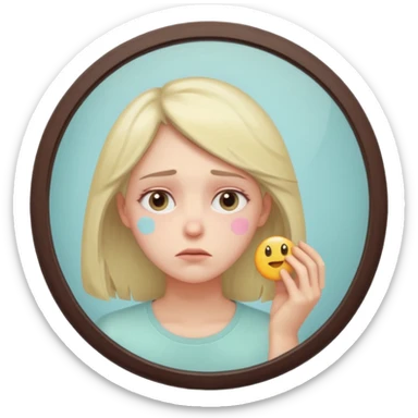 thoughtful tired woman looking in the mirror, gentle pastel tones, soft lighting, emoji style, symbolizes fatigue not ageing sticker