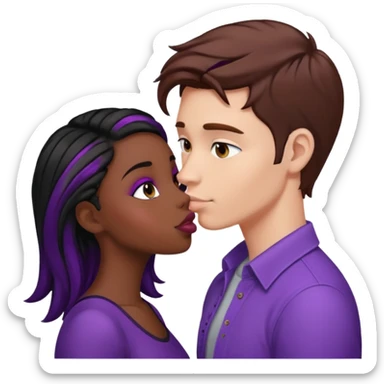 White guy with brown hair kissing black girl with black and purple hair sticker