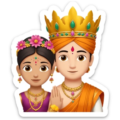 Brahmin boy is thanking to the bharatanatyam dancer. She is in lordess padmavati with golden crown and giant flower garland on her neck. The girl is fat and tall the boy is small. sticker