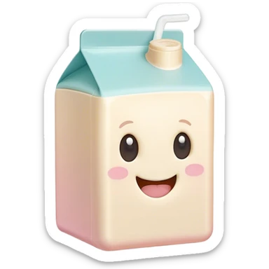 Cinematic adorable milk carton, soft pastel colors, tiny rounded edges, chubby smiling face, warm glowing highlights, gently tilting in a playful pose. sticker