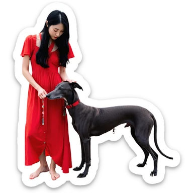 A beautiful 25-year-old Japanese woman with long flowing black hair wearing a stylish red beach dress, gently petting a PURE SOLID DARK GREY whippet with a bright RED COLLAR on a beach at night under a starry sky. The whippet MUST be 100% SOLID DARK GREY with ABSOLUTELY NO WHITE MARKINGS ANYWHERE - specifically NO WHITE on face, NO WHITE on chest, NO WHITE on paws - ENTIRELY ONE CONSISTENT SOLID DARK GREY COLOR throughout. Deep blue night sky filled with bright stars, moonlight reflecting on the ocean, sandy beach in the foreground. sticker