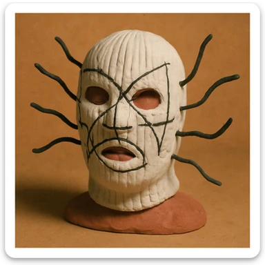 The mask is a full-head, white knitted balaclava with a tight ribbed texture. It features two asymmetrical eye openings and a partially exposed mouth area. Black thread is stitched across the surface in chaotic, abstract lines that trace facial features, giving a hand-drawn effect. Several black cords extend outward from the mask, varying in length and direction, adding a sculptural, almost organic appearance. The overall look is bold, handcrafted, and visually striking. sticker