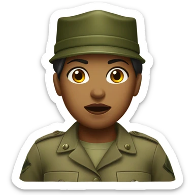 a female drill sergeant showing full torso wearing a classic sergeant hat and a camouflage army shirt. The character should have an angry intense expression.  sticker