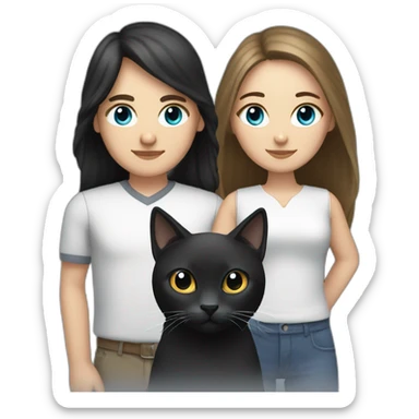 white female with blue-gray eyes and long hair with white male with dark long bob hair and brown eyes holding black cat sticker
