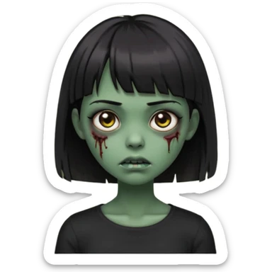 Zombie girl emoji verde escuro com cabelo curto liso preto no ombro e franja na altura da sobrancelha cobrindo completamente a testa, com uma blusa preta, olhos castanhos escuros sticker