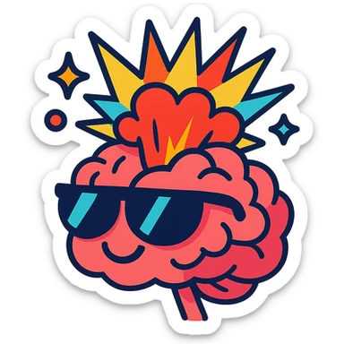 cartoon brain wearing sunglasses, top of the brain exploding in a dramatic, colorful burst, expressive and fun sticker