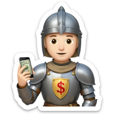 Knight with helmet holding phone and money sticker