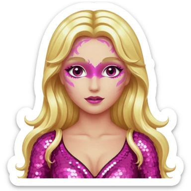 Venus, Love Goddess with metallic pink skin, long blonde hair, dark pink sequin outfit sticker