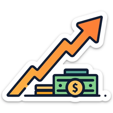 upward arrow next to increasing stacks of money bills and coins, financial growth sticker