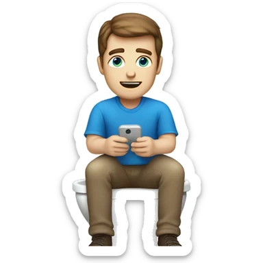 White man with brown hair and blue eyes sitting on the toilet holding a phone sticker