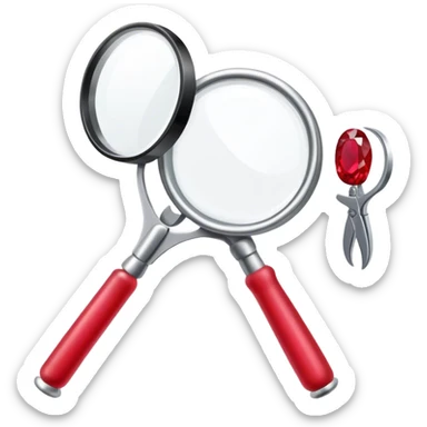 Jewelry art icon, a ring with a ruby, magnifying glass, and pliers, minimalistic style, clean lines, transparent background. sticker