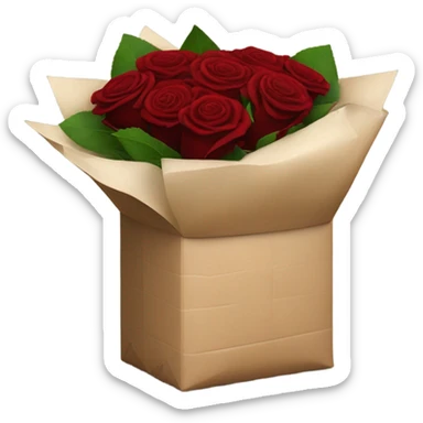 Bouquet of red roses in a burgundy package sticker