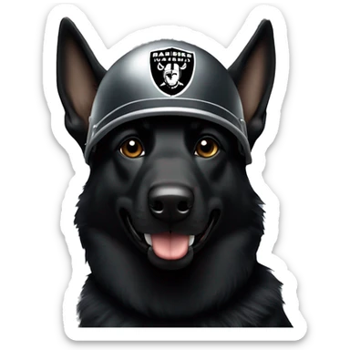 Black German shepherd wearing a raiders helmet  sticker