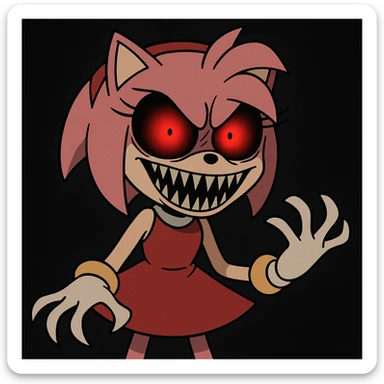 Amy Rose from Sonic, with a scary face, horror cartoon style, glowing red eyes, sharp teeth, dark background sticker