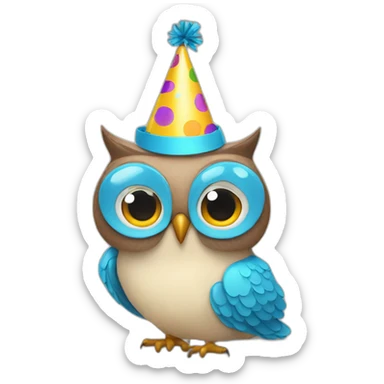 an owl with a party hat sticker