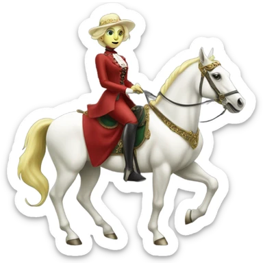 "galora green blonde alien woman" in red Victorian elegant dress, full body, rides horse gold and white
 sticker