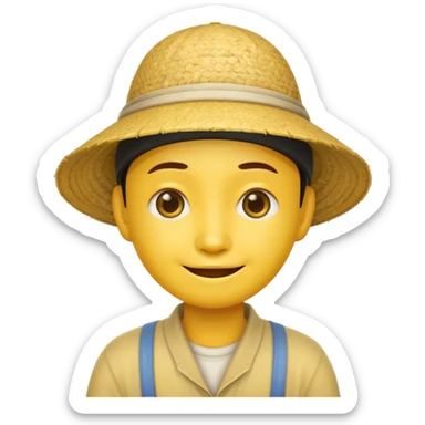 Yellow emoji smiley face with stereotypical Chinese facial features and rice farmer hat. Eyes very narrow sticker