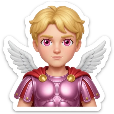 Cupid from Roman Mythology with rose-pink eyes, blonde hair, pink metallic tunic, red metallic cloak sticker