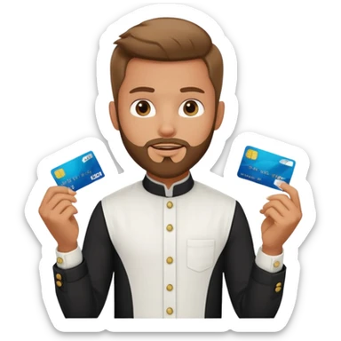 generate a pretty bratz boy wearing a white linen mandarin collar shirt with an amex card in hand. bearded sticker