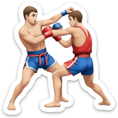 An icon symbolizing Sambo, featuring two fighters in blue and red kimonos with shorts. One executes a powerful throw, while the other attempts a defensive grab. The fighters are engaged in a grapple, using joint locks and sweeps. The background features a wrestling mat/ sticker