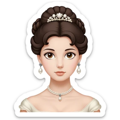 lady with dark brown hair, styled in an elegant Regency-era updo, Soft brown eyes, kind but firm gaze, Wears delicate pearl earrings, sticker