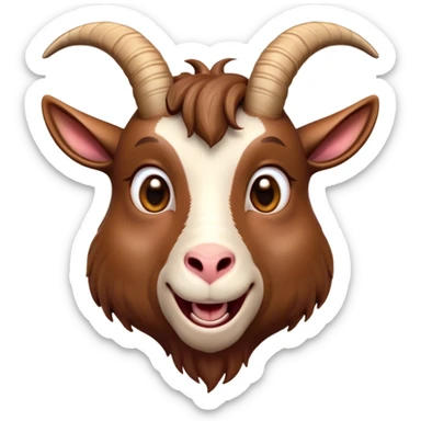 Cinematic Comical Brown Goat Portrait Emoji, Head tilted dramatically with an exaggeratedly amused expression, featuring a sleek brown fur with distinct, quirky curved horns, wide, expressive eyes filled with playful disbelief, Simplified yet hilariously expressive features, highly detailed, glowing with a slightly sassy glow, high shine, dramatic yet playful, stylized with an air of cheeky mischief, bright and endearing, soft glowing outline, capturing the essence of a spirited and over-the-top goat, so meme-worthy it feels like it could side-eye its way into internet fame instantly! sticker