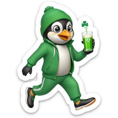 full body friendly anthropomorphised penguin wearing green mafia-style tracksuit, angry, running aggressively, shamrock accessory, no drink sticker