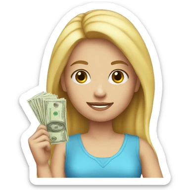 A blonde girl in a blue dress holding money sticker