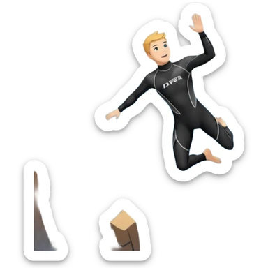 A diver mid-air, plunging from a high cliff into the sparkling ocean below. The background features rugged cliffs, clear blue water, and a bright sky, emphasizing the excitement and danger of the sport with a sense of freedom and adventure. sticker