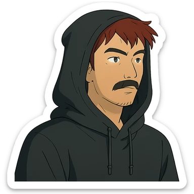 Asian man with black mustache, red hair, wearing a black hoodie in Japanese cyberpunk anime style sticker