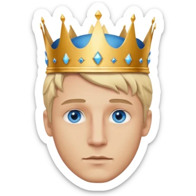 Man with blue eyes, blonde hair, and defined jawline wearing king crown sticker