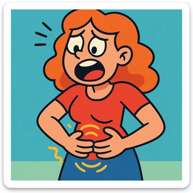 cartoon of a woman with a hungry tummy, expressive face, holding her stomach, simple background, vibrant toon style, fun and playful sticker