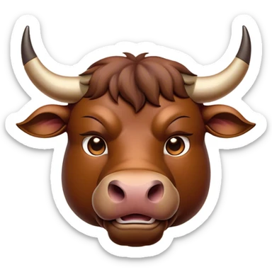 Cinematic Noble Brown Bull Portrait Emoji, Poised and regal, with a massive, muscular build and a sleek, well-groomed rich brown hide, deep-set soulful dark eyes, Simplified yet sharp and sophisticated features, highly detailed, glowing with a soft, dignified glow, high shine, intelligent and formidable, stylized with an air of strength, focused and attentive, soft glowing outline, capturing the essence of a watchful and confident guardian, so majestic it feels as though it could charge out of the screen with effortless authority! sticker