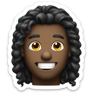 black curtains hair style,  very wide apart eyes, two big front teeth, big smile, white male sticker