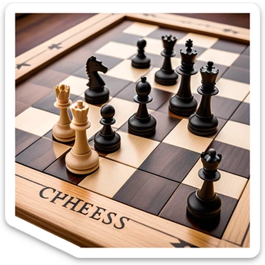 A chessboard with a few strategically placed pieces, including a king, queen, and pawns. The scene highlights the classic black and white squares of the board, emphasizing strategy and thoughtfulness in the game of chess. sticker