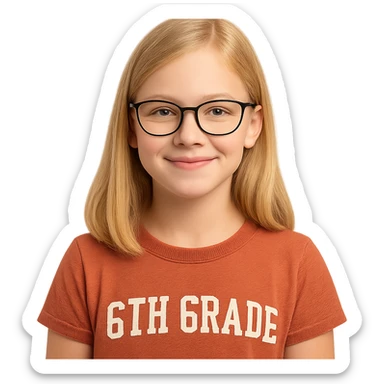 6th grade girl with blonde hair and glasses, friendly expression, simple background sticker