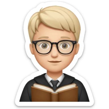 A student wearing glasses, hold book in front of their chest sticker