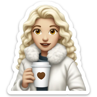pretty blonde girl wearing white fluffy jacket and a coffee to go in hand all dress white and a white bow on hair sticker