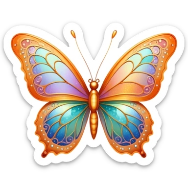 Pastel sparkly orange glittery iridescent rainbow transparent butterfly with detailed intricate patterns sticker