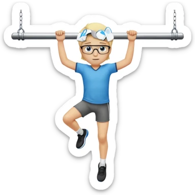 Wygeneruj mi emotke ubranego chłopaka i pokaż go od stóp do głów o włosach blond z niebieskimi oczami w okularach, który wisi na drążku sticker