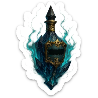 edgy dark crystal elixir bottle with censored inscriptions, lots of glowing effects, ornate golden details, magical effects, very small neck, beautiful merging base, clearly floating in air, transparent background, no ground or shadow sticker