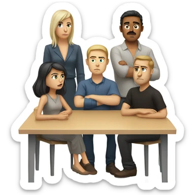6 Caucasian people sitting around a table looking unhappy sticker