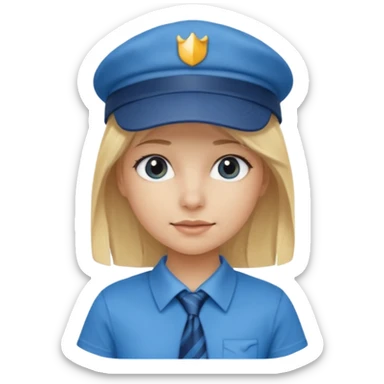 bloande girl with tshirt blue tie and cap sticker