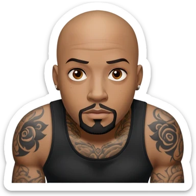 đàn ông 30 tuổi, da đen, đầu trọc, râu quai nón đen, có hình xăm trên mặt, áo đen, mặt nghiêm túc sticker