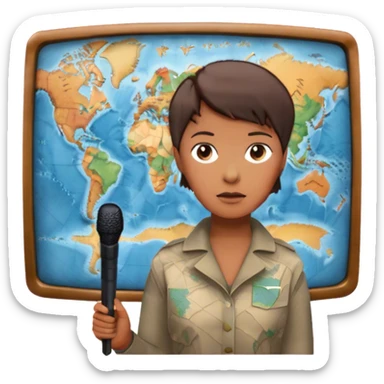 Icon for Documentary Film (TV style): A large TV screen with a serious-looking host standing in front of a map. The host holds a microphone, and the map displays historical or geographical information. Retro TV broadcast style. Transparent background. sticker